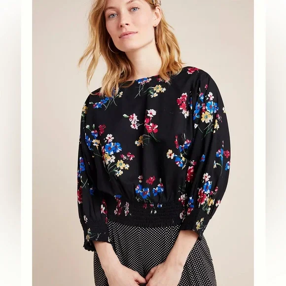 Anthropologie Maeve Adelaide Top Blouse Black Floral Crop Dolman Sleeve Women SP - Picture 3 of 16